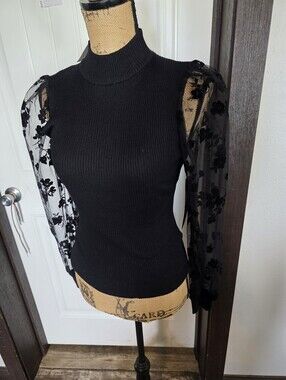 Madden Girl Black Sheer Floral Sleeve Mock Neck Women's Top S